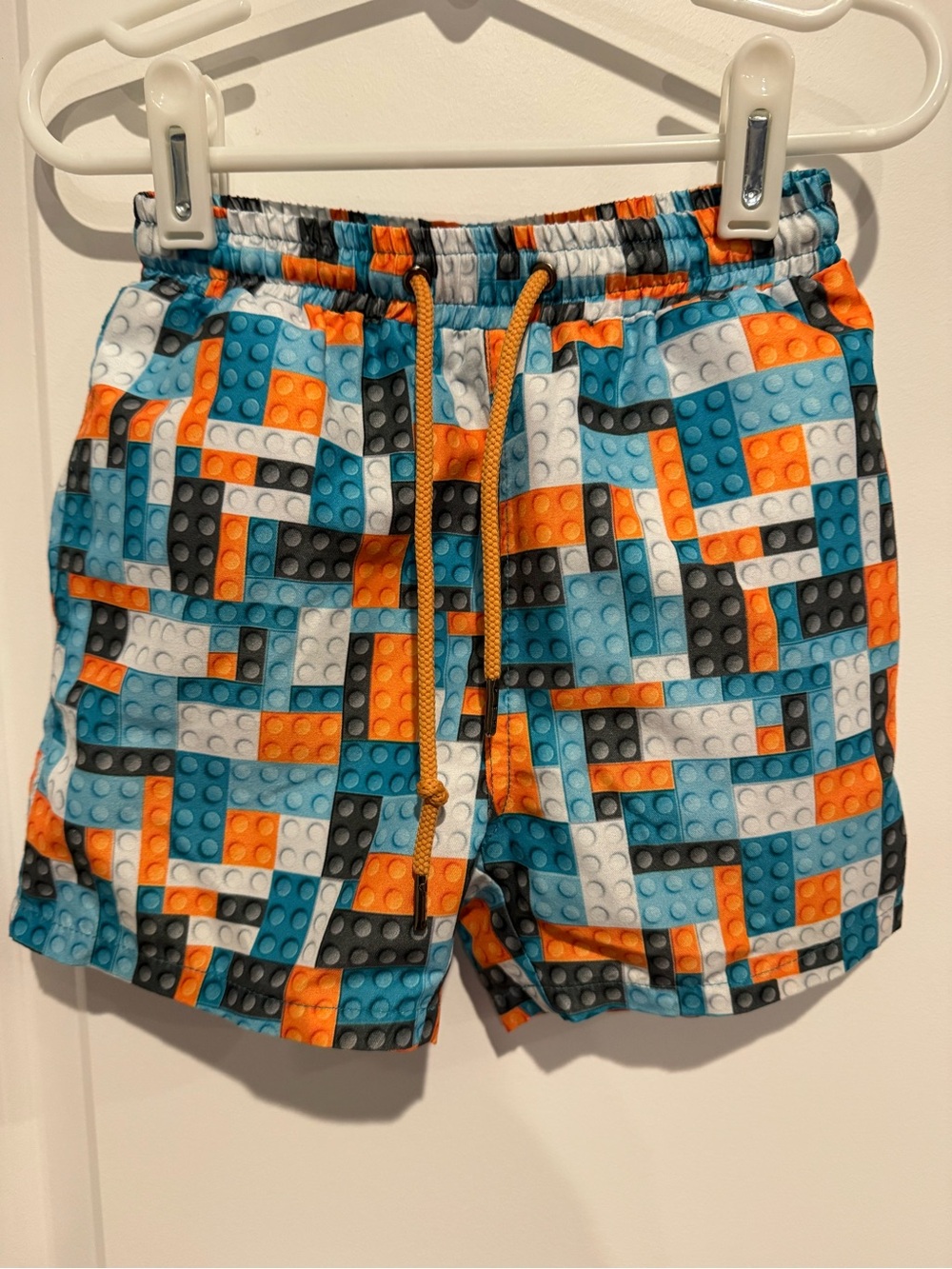 Kids Blue & Orange Swim Trunks with Block Print